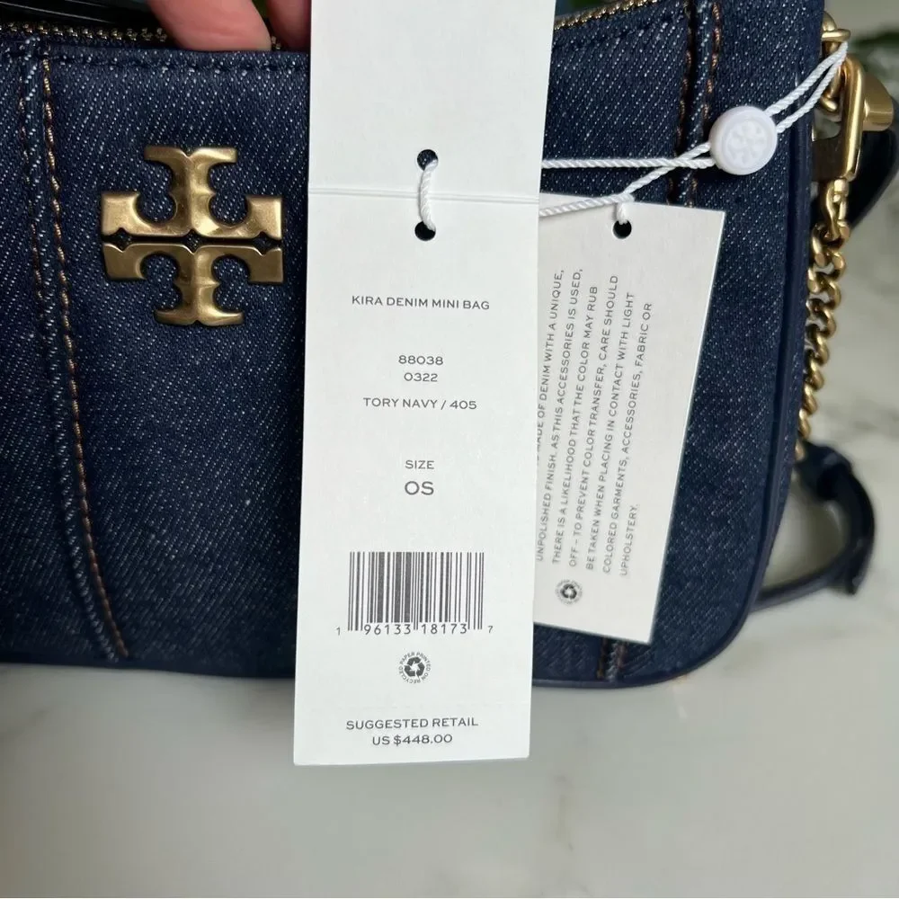NWT Tory Burch Kira Denim Mini Quilted Crossbody Shoulder Bag Gold Navy Blue